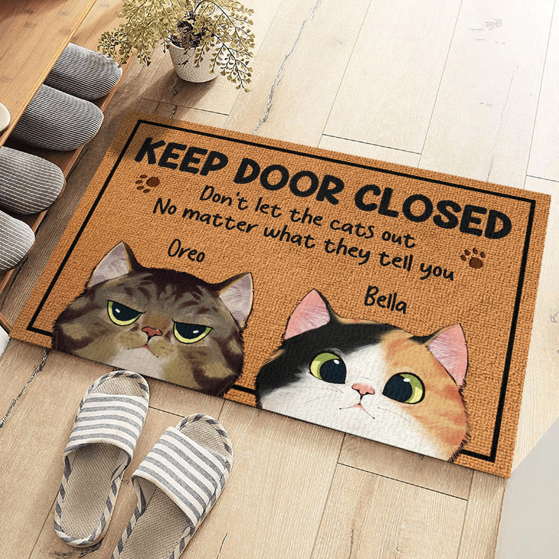 Keep The Door Closed - Cat Personalized Custom DoorMat displayed at front door entrance, featuring funny message for cat owners.