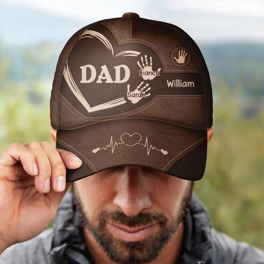 Close-up detail of grandkids' names and handprints on a personalised Grandpa cap, unique custom gift