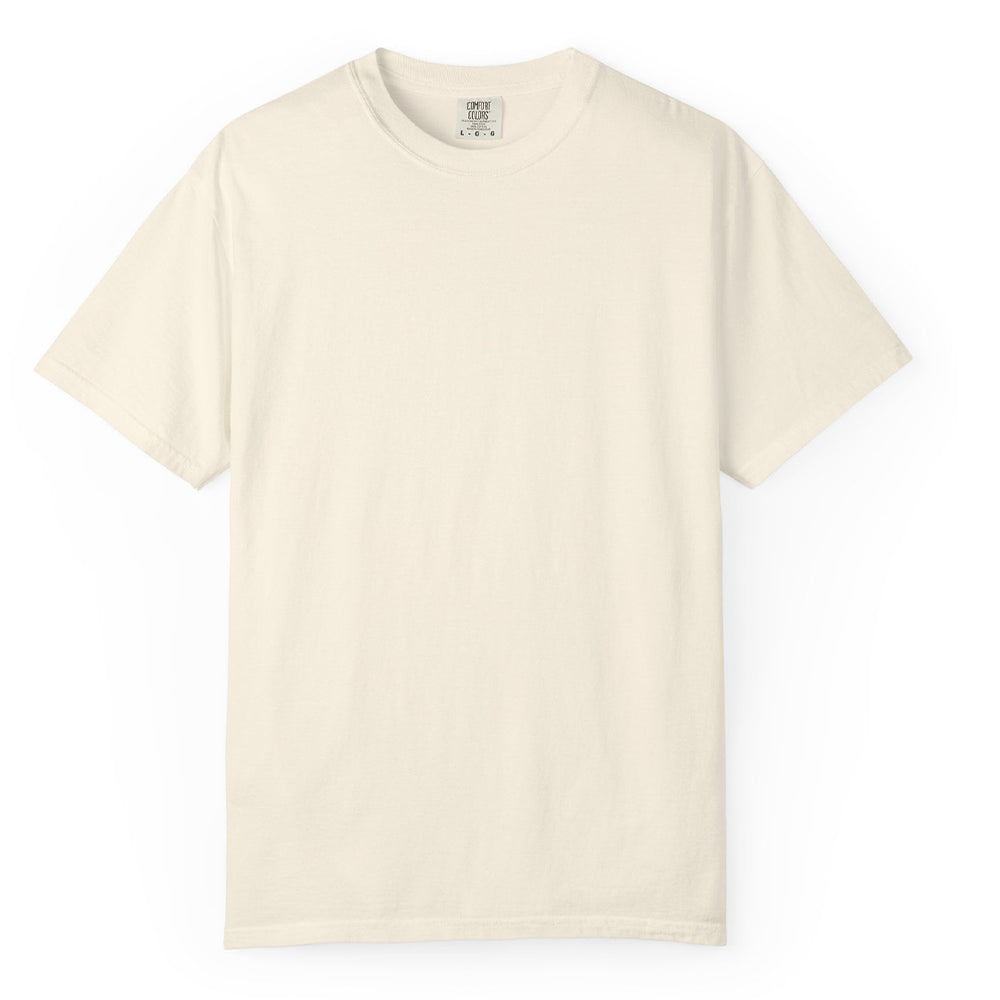 Close-up of twill label and custom print on Comfort Colors 1717 t-shirt