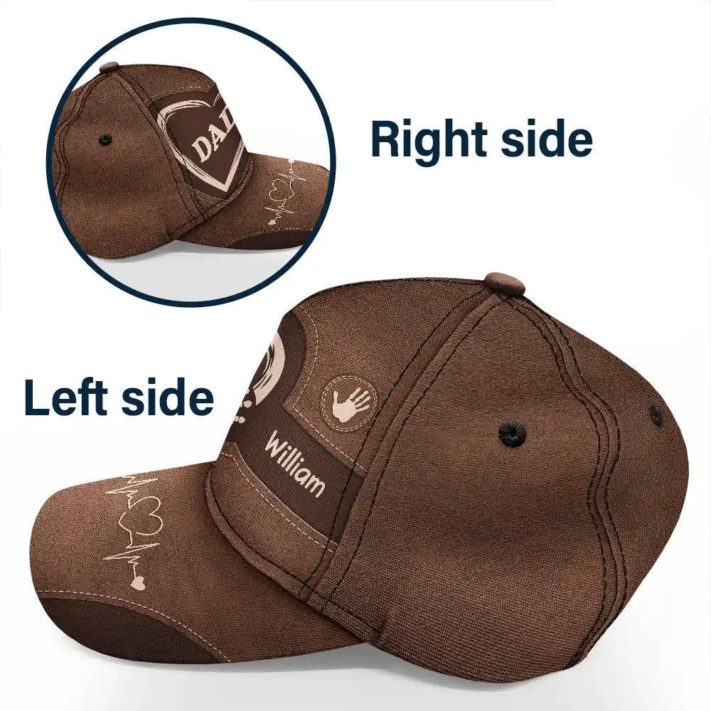 Grandad model wearing a personalised brown cap with custom names, stylish everyday hat for men