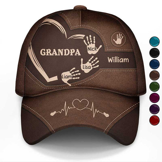 Personalised brown Grandpa cap with custom grandkids' names and handprints, front view, ideal Father's Day gift for Grandad